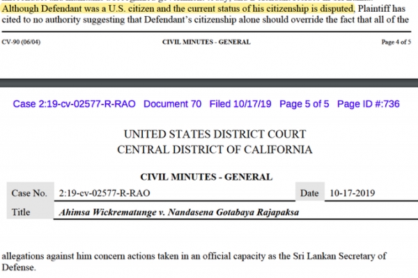 US Court Says Gota&#039;s Action Was Undertaken In Official Capacity As Defence Min. Secretary: Also Says Status Of Citizenship &quot;Disputed&quot;