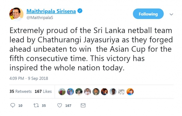 President&#039;s Media Team Makes Twitter Faux Pas: Says Sri Lankan Netball Team Won Asian Championship For &quot;Fifth Consecutive Time&quot;